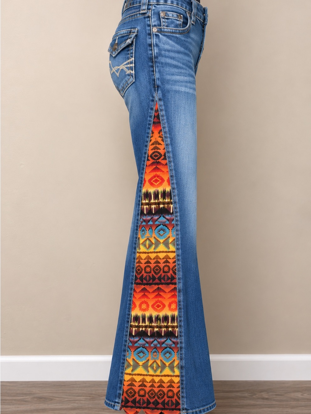 Upcycled Aztec Panel Low Rise Bootcut Jeans 28Tall